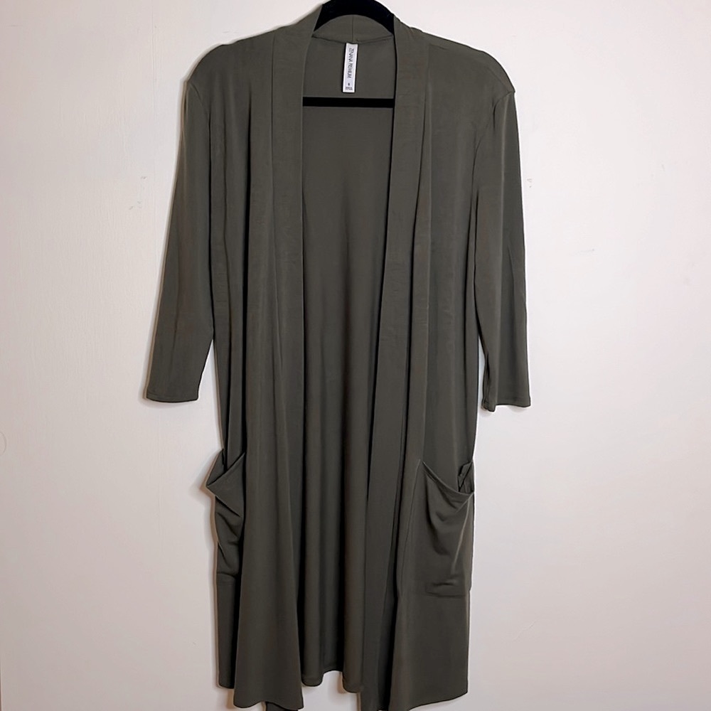 Long, olive green open sweater